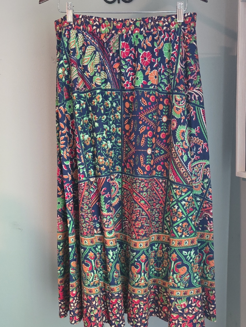 Serengeti Navy Multi Floral Elastic Waist Maxi Skirt Size Large 100% Cotton